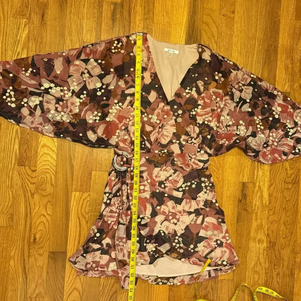 BTFL-Life Women’s XS Pink Gold Floral Plunging Short Sleeve Wrap Mini Dress